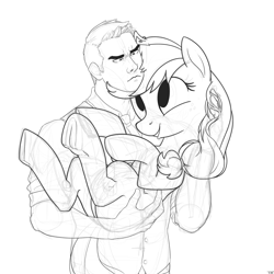 Size: 2000x2000 | Tagged: safe, artist:tex, character:applejack, oc, oc:tex, species:earth pony, species:human, species:pony, clothing, female, hand on butt, holding a pony, human male, male, mare, monochrome, sketch, underhoof