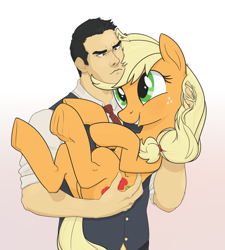 Size: 1800x2000 | Tagged: dead source, safe, artist:tex, character:applejack, oc, oc:tex, species:earth pony, species:human, species:pony, clothing, female, hand on butt, holding a pony, human male, male, mare, simple background, underhoof, vest, white background