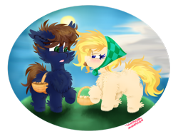 Size: 1024x769 | Tagged: safe, artist:vanillaswirl6, oc, oc only, oc:kindling pile, oc:scrambled sunshine, species:pony, :t, bandana, basket, cloud, colt, duo, egg, female, filly, glare, grass, male, mouth hold, nervous, open mouth, raised hoof, saddle basket, scrunchy face, simple background, sky, sun, transparent background, younger