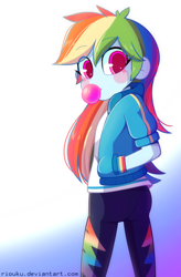 Size: 800x1221 | Tagged: safe, artist:riouku, character:rainbow dash, g4, my little pony: equestria girls, my little pony:equestria girls, ass, blowing bubbles, bubblegum, clothing, food, gum, hand in pocket, hoodie, looking at you, looking back, pants, rainbutt dash, turning