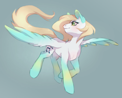 Size: 540x435 | Tagged: safe, artist:lightning-stars, oc, oc only, species:pegasus, species:pony, blue background, cutie mark, female, looking back, music notes, simple background, solo, wings