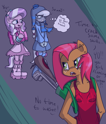 Size: 1944x2273 | Tagged: safe, artist:reneesdetermination, character:babs seed, character:diamond tiara, character:silver spoon, species:anthro, baseball bat, clothing, glasses, golf club, tank top, winter outfit