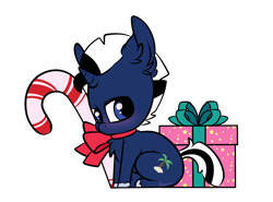 Size: 1280x945 | Tagged: safe, artist:ashee, oc, oc only, oc:shabaco, species:pony, species:unicorn, candy, candy cane, cute, food, present, simple background, solo, transparent background