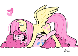 Size: 1280x924 | Tagged: safe, artist:rwl, character:fluttershy, character:pinkie pie, ship:flutterpie, female, heart, hug, kissing, lesbian, shipping
