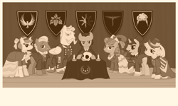 Size: 6000x3592 | Tagged: safe, artist:magister39, oc, oc only, oc:steel trail, species:earth pony, species:pegasus, species:pony, species:unicorn, candle, coat of arms, conspiracy, conspiracy theory, monochrome, old photo, skull