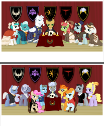 Size: 6001x7253 | Tagged: safe, artist:magister39, character:hoity toity, character:lyrica lilac, character:mayor mare, character:stormy flare, character:wind rider, oc, oc:steel trail, absurd resolution, candle, coat of arms, conspiracy, conspiracy theory, photo, skull, younger