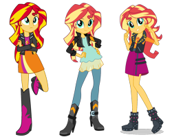 Size: 1442x1152 | Tagged: safe, artist:givralix, artist:sugar-loop, character:sunset shimmer, equestria girls:friendship games, g4, my little pony: equestria girls, my little pony:equestria girls, boots, clothing, comparison, crossed arms, cute, female, geode of empathy, hand on hip, high heel boots, jacket, leaning, leather jacket, looking at you, peace sign, shimmerbetes, shoes, simple background, skirt, smiling, solo, transparent background, vector
