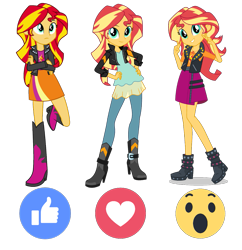 Size: 1117x1152 | Tagged: safe, artist:givralix, artist:sugar-loop, character:sunset shimmer, equestria girls:friendship games, g4, my little pony: equestria girls, my little pony:equestria girls, boots, clothing, comparison, crossed arms, cute, facebook reactions, female, geode of empathy, hand on hip, high heel boots, jacket, leaning, leather jacket, looking at you, peace sign, shimmerbetes, shoes, simple background, skirt, smiling, solo, transparent background, vector