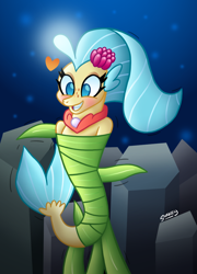 Size: 768x1068 | Tagged: safe, artist:snakeythingy, character:princess skystar, species:seapony (g4), my little pony: the movie (2017), blushing, female, heart, mummification, seaweed, seaweed wrap, smiling, story included, wrapped up, wrapping