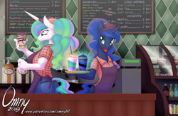 Size: 1500x976 | Tagged: safe, artist:omny87, character:princess celestia, character:princess luna, species:anthro, series:the serving six, apron, clothing, coffee shop, duo, female, food, menu, misspelling, open mouth, restaurant, twinkle sprinkle, unicorn frappuccino