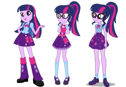Size: 1662x1151 | Tagged: safe, artist:aqua-pony, artist:seahawk270, artist:sugar-loop, character:twilight sparkle, character:twilight sparkle (alicorn), character:twilight sparkle (scitwi), species:alicorn, species:eqg human, species:pony, episode:a fine line, g4, my little pony: equestria girls, my little pony:equestria girls, spoiler:eqg specials, adorkable, arm behind back, backpack, belt, bow tie, clothing, comparison, cute, dork, eqg promo pose set, female, geode of telekinesis, glasses, leg warmers, long hair, magical geodes, mary janes, open mouth, pleated skirt, ponytail, shoes, simple background, skirt, smiling, socks, standing, threelight sparkles, transparent background, trilight, trio, twiabetes, twolight, vector