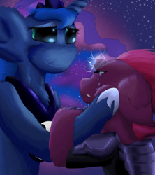 Size: 3416x3848 | Tagged: safe, artist:firefanatic, character:fizzlepop berrytwist, character:princess luna, character:tempest shadow, my little pony: the movie (2017), armor, broken horn, comforting, crying, faec, fluffy, high res, squishy cheeks