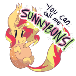 Size: 1299x1299 | Tagged: safe, artist:dragonpone, derpibooru original, character:sunset shimmer, species:pony, species:unicorn, blushing, bread pony, bun (food), cheek fluff, dialogue, ear fluff, female, food, food pony, looking at you, mare, original species, pun, silly, silly pony, simple background, smiling, solo, sparkles, species swap, sunset shimmer dressing up as food, talking to viewer, transparent background