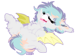 Size: 1024x768 | Tagged: safe, artist:vanillaswirl6, oc, oc only, oc:poptart, species:bat pony, species:pony, bat wings, belly fluff, chest fluff, chibi, commission, drool, ear fluff, eyes closed, female, fluffy, freckles, hoof fluff, leg twitch, mare, on back, open mouth, simple background, sleeping, spread wings, transparent background, underhoof, wings