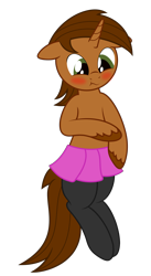 Size: 1638x3000 | Tagged: safe, artist:waveywaves, oc, oc only, oc:coppercore, species:pony, blushing, clothing, crossdressing, cute, male, pantyhose, pleated skirt, simple background, skirt, solo, stallion, tights, transparent background, vector