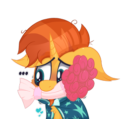 Size: 982x942 | Tagged: safe, artist:dragonpone, derpibooru original, character:sunburst, species:pony, species:unicorn, ..., blushing, bouquet, chest fluff, cute, ear fluff, embarrassed, floppy ears, flower, heart, heart eyes, in love, male, mouth hold, nervous, shaking, simple background, solo, stallion, sunbetes, sunburst's robe, transparent background, wingding eyes
