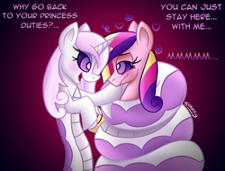 Size: 1010x768 | Tagged: safe, artist:snakeythingy, character:fleur-de-lis, character:princess cadance, species:alicorn, species:lamia, species:pony, ship:fleurdance, blushing, chin stroke, coils, crack shipping, dialogue, eyelashes, eyeshadow, female, gradient background, happy trance, heart, hypnosis, implied arousal, kaa eyes, lesbian, lidded eyes, looking at each other, makeup, massage, original species, shipping, species swap, story included, swirly eyes, text, wall of text