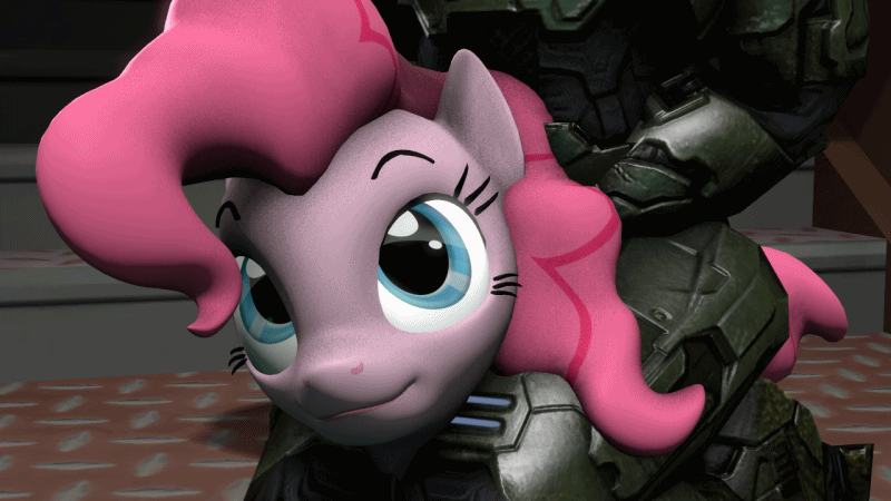 Size: 800x450 | Tagged: safe, artist:fishimira, character:pinkie pie, species:earth pony, species:pony, 3d, abuse, animated, beating, eyes closed, female, floppy ears, frown, grimace, kneeling, looking up, mare, master chief, pinkiebuse, punch, restrained, smiling, source filmmaker