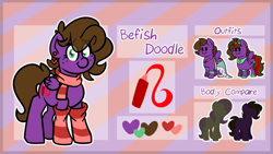 Size: 1024x578 | Tagged: safe, artist:befishproductions, oc, oc only, oc:befish, species:pegasus, species:pony, chibi, clothing, dress, female, mare, reference sheet, scarf, socks, solo, striped socks