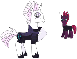 Size: 2322x1787 | Tagged: safe, artist:supahdonarudo, character:fleur-de-lis, character:tempest shadow, species:pony, species:unicorn, my little pony: the movie (2017), alternate hairstyle, clothing, confused, cosplay, costume, mohawk, question mark, simple background, transparent background