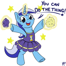 Size: 1000x1000 | Tagged: safe, artist:yakoshi, character:minuette, species:pony, species:unicorn, g4, 30 minute art challenge, bipedal, cheek fluff, cheering, cheerleader, chest fluff, clothing, cute, do the thing, female, happy, levitation, looking at you, magic, mare, minubetes, motivational, open mouth, pom pom, positive ponies, raised leg, signature, simple background, smiling, solo, stars, telekinesis, text, underhoof, white background