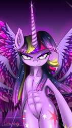 Size: 900x1600 | Tagged: safe, artist:darksly, character:twilight sparkle, character:twilight sparkle (alicorn), species:alicorn, species:pony, female, multiple wings, muscles, rainbow power, solo