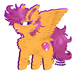 Size: 890x879 | Tagged: safe, artist:vanillaswirl6, part of a set, character:apple bloom, character:scootaloo, character:sweetie belle, species:pegasus, species:pony, cheek fluff, chest fluff, cutie mark, cutie mark crusaders, dock, ear fluff, female, fluffy, hoof fluff, mare, older, open mouth, raised hoof, sharp teeth, signature, simple background, solo, spread wings, standing, teeth, the cmc's cutie marks, transparent background, wings