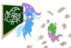 Size: 2455x1655 | Tagged: safe, artist:dragonpone, derpibooru original, character:spike, character:starlight glimmer, character:trixie, species:alicorn, species:dragon, species:pony, species:unicorn, alicornified, bipedal, butt freckles, cape, chalk, chalkboard, chest fluff, clothing, cutie mark, drawing, duo, female, freckles, gosh! trixie, hat, hoof on hip, lidded eyes, male, mare, mushroom, mushroom pony, original species, paper, race swap, rocket, shoulder freckles, shroomsie, simple background, sitting, smiling, teaching, toy interpretation, trixie's cape, trixie's hat, trixie's rocket, trixiecorn, white background
