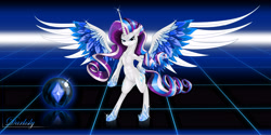 Size: 6400x3200 | Tagged: safe, artist:darksly, character:rarity, species:alicorn, species:pony, abs, alicornified, armpits, bipedal, fanfic, fanfic art, female, mare, princess, race swap, raricorn, wings