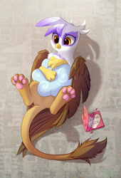 Size: 800x1179 | Tagged: safe, artist:tomatocoup, character:gilda, species:griffon, about to cry, cloud, cruel, cute, female, gildadorable, holiday, hug, on back, paws, pillow, sad, solo, underpaw, valentine's day, valentine's day card