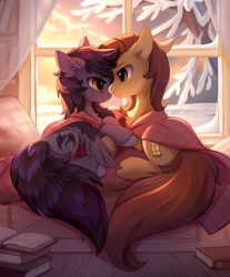 Size: 1323x1600 | Tagged: safe, artist:tomatocoup, oc, oc only, oc:radiant star, oc:rune riddle, species:earth pony, species:pegasus, species:pony, bed, blanket, book, chest fluff, commission, cozy, cuddling, cute, dawwww, ear fluff, eye contact, featured on derpibooru, female, floppy ears, holding hooves, hoof fluff, lidded eyes, looking at each other, male, mare, oc x oc, prone, runestar, shipping, sitting, smiling, snow, stallion, straight, tree, unshorn fetlocks, window, wing fluff, winter, ych result