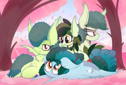 Size: 3062x2072 | Tagged: safe, artist:dragonpone, derpibooru original, oc, oc only, oc:bittergreen, oc:gleamblossom, oc:sweetleaf, oc:thistle sprig, species:earth pony, species:pony, butt freckles, chest fluff, ear fluff, family, female, filly, floppy ears, fluffy, freckles, hair over one eye, lidded eyes, looking at each other, looking at you, looking down, looking up, mare, nose wrinkle, petals, prone, shoulder freckles, smiling, tail wrap, tree, unamused