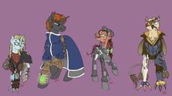 Size: 3562x2000 | Tagged: safe, artist:sourcherry, character:peachy sweet, oc, oc:anklebiter, oc:majorgearclaw, oc:twistedsteel, species:earth pony, species:griffon, species:pony, species:unicorn, fallout equestria, apple family member, clothing, cyborg, female, ghoul, male, mare, ncr, pipbuck, raider, smoking, stallion, weapon
