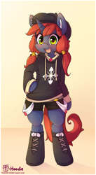 Size: 800x1457 | Tagged: safe, artist:hoodie, oc, oc only, oc:sunset, species:pony, species:unicorn, beret, bipedal, boots, clothing, hat, hoodie, jewelry, open mouth, pigtails, semi-anthro, shoes, shorts, smiling, solo, twintails