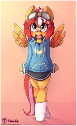 Size: 797x1300 | Tagged: safe, artist:hoodie, oc, oc only, oc:tailspin, species:pegasus, species:pony, arm hooves, bandaid, bipedal, clothing, cute, female, goggles, hoodie, ocbetes, open mouth, pleated skirt, semi-anthro, short skirt, skirt, skirt lift, smiling, socks, solo, spread wings, wings