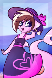 Size: 1500x2245 | Tagged: safe, artist:ashee, oc, oc only, oc:ashee, species:anthro, armpits, clothing, dress, hat, original species, shark, shark pony, smiling, solo