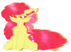Size: 1024x759 | Tagged: safe, artist:vanillaswirl6, character:apple bloom, species:earth pony, species:pony, bow, chest fluff, colored pupils, cute, cutie mark, ear fluff, female, floppy ears, fluffy, freckles, hoof fluff, leg fluff, looking down, mare, older, open mouth, ribbon, simple background, sitting, solo, the cmc's cutie marks, transparent background