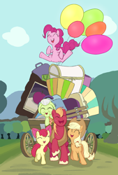 Size: 1560x2304 | Tagged: safe, artist:noupu, character:apple bloom, character:applejack, character:big mcintosh, character:granny smith, character:pinkie pie, species:earth pony, species:pony, episode:pinkie apple pie, g4, my little pony: friendship is magic, apple family, apples to the core, balloon, bow, chest, female, luggage, male, mare, picture, scene interpretation, stallion, wagon