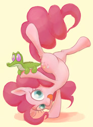 Size: 786x1067 | Tagged: safe, artist:noupu, character:gummy, character:pinkie pie, species:pony, female, hoof stand, looking at you, mare, pinkie being pinkie, simple background, upside down