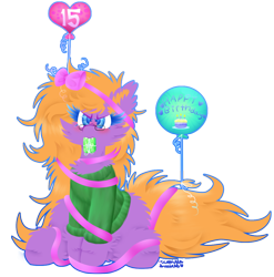 Size: 1080x1093 | Tagged: safe, artist:vanillaswirl6, oc, oc only, oc:sabrina, species:pony, balloon, birthday, bow, clothing, colored pupils, cute, cute little fangs, ear fluff, fangs, female, fluffy, gift art, glasses, hoof fluff, leg fluff, mouth hold, present, ribbon, simple background, sitting, string, sweater, transparent background