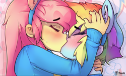 Size: 3520x2143 | Tagged: safe, artist:hoodie, character:fluttershy, character:rainbow dash, ship:flutterdash, my little pony:equestria girls, blushing, blushing profusely, clothing, cute, dashabetes, fake ears, female, heart, kissing, lesbian, shipping, shyabetes, sweater, sweatershy, wondercolt ears, wondercolts, wondercolts uniform, zoom layer
