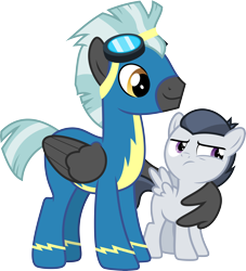 Size: 5458x6000 | Tagged: safe, artist:chainchomp2, character:rumble, character:thunderlane, species:pegasus, species:pony, episode:marks and recreation, g4, my little pony: friendship is magic, .svg available, absurd resolution, alternate versions at source, brothers, clothing, colt, goggles, hug, male, simple background, stallion, transparent background, uniform, vector, wing hands, winghug, wonderbolts uniform