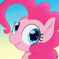 Size: 2000x2000 | Tagged: safe, artist:yakoshi, character:pinkie pie, species:earth pony, species:pony, bust, cheek fluff, cute, diapinkes, female, gradient background, head only, high res, looking at you, mare, portrait, smiling, solo, wingding eyes