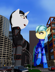 Size: 2400x3150 | Tagged: safe, artist:styroponyworks, oc, oc only, oc:hot rod, oc:ultramare, species:pony, building, car, city, clothing, commission, giant pony, giant unicorn, macro, open mouth, street, suit, vehicle, walking