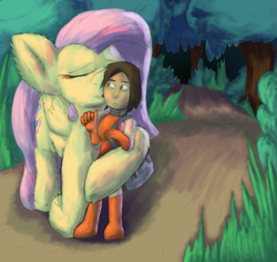 Size: 1305x1230 | Tagged: safe, artist:firefanatic, character:fluttershy, species:human, big ears, cute, everfree forest, fluffy, kiss on the cheek, kissing, size difference