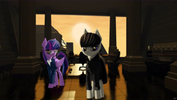Size: 6400x3600 | Tagged: safe, alternate version, artist:styroponyworks, character:octavia melody, character:twilight sparkle, character:twilight sparkle (alicorn), species:alicorn, species:earth pony, species:pony, blade runner, building, city, clothing, glasses, movie reference