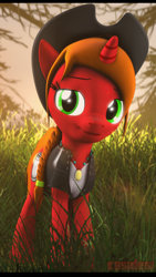 Size: 1080x1920 | Tagged: safe, artist:alcohors, oc, oc only, oc:essy ferguson, species:pony, species:unicorn, 3d, clothing, cowboy hat, digital art, female, hat, mare, scenery, signature, smiling, solo, source filmmaker, stetson