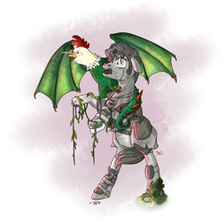 Size: 2000x2000 | Tagged: safe, artist:sourcherry, oc, unnamed oc, species:cockatrice, species:pony, fallout equestria, armor, clothing, eye laser, male, mutant manual, perching, petrification, plants, rearing, sideburns, spread wings, stallion, statue, vine, wings