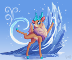Size: 2400x2000 | Tagged: safe, artist:sirzi, community related, character:velvet reindeer, species:deer, species:reindeer, them's fightin' herds, blue background, colored hooves, deer magic, female, ice, ice magic, magic, simple background, snow, snowflake