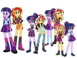 Size: 2048x1536 | Tagged: safe, artist:kingdark0001, artist:legoinflatables, artist:mewtwo-ex, artist:ryan1942, artist:sugar-loop, character:sunset shimmer, character:twilight sparkle, character:twilight sparkle (alicorn), character:twilight sparkle (scitwi), species:alicorn, species:eqg human, species:pony, ship:scitwishimmer, ship:sunsetsparkle, eqg summertime shorts, equestria girls:equestria girls, equestria girls:friendship games, equestria girls:rainbow rocks, g4, my little pony: equestria girls, my little pony:equestria girls, spoiler:eqg specials, female, lesbian, shipping, simple background, sunset twiangle, transparent background